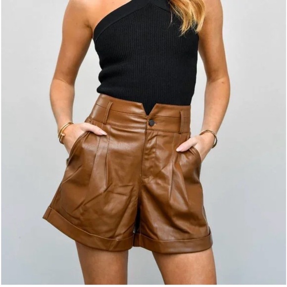 PAIGE Brown faux leather shorts SZ 10 high-rise fit pleated front pockets casual - Picture 3 of 15